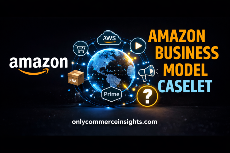 Visual overview of Amazon’s business model showing AWS, Prime, FBA, marketplace, and global digital ecosystem