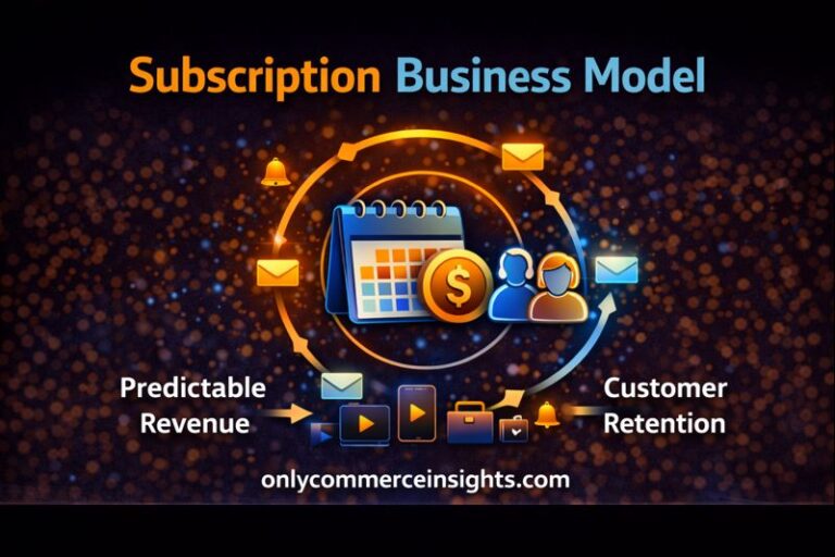 Subscription business model illustration showing recurring billing cycles, predictable revenue, and customer retention through continuous service delivery.