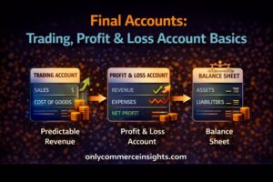 Final accounts illustration showing trading account, profit and loss account, and balance sheet with sales, expenses, profit, assets, and liabilities.