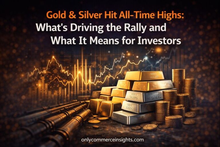 Gold and silver prices reaching all-time highs, shown through rising market lines, gold and silver bars, and investor-focused financial visuals.