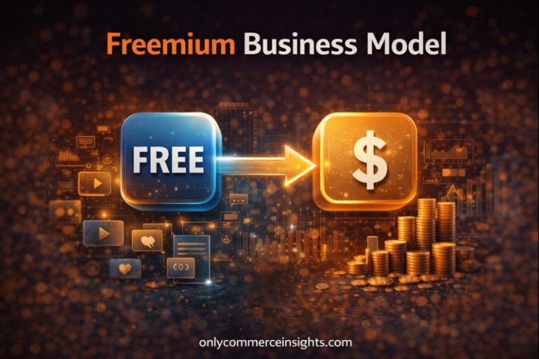 Freemium business model illustration showing free users converting into paying customers through premium features and recurring revenue.