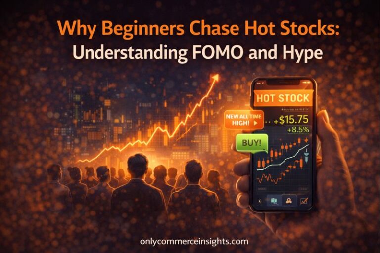 Illustration showing beginner investors chasing hot stocks driven by FOMO, with rising stock charts, buy signals, and crowd behavior.