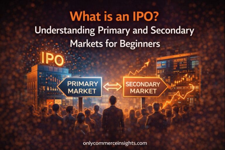 IPO explained illustration showing primary and secondary markets, new share issuance, stock trading screens, and investors entering the stock market.