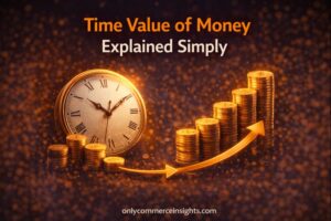 Time value of money illustration showing a clock, growing stacks of coins, and upward arrows representing how money increases in value over time.