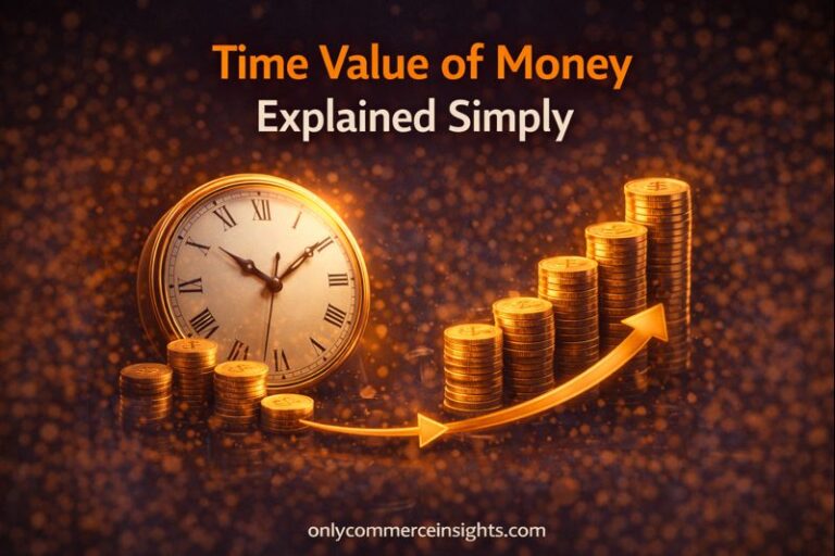 Time value of money illustration showing a clock, growing stacks of coins, and upward arrows representing how money increases in value over time.
