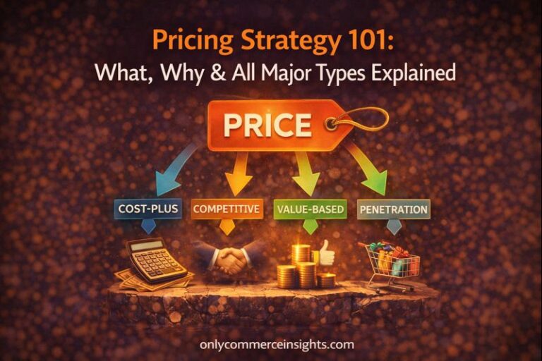 Pricing strategy illustration showing different pricing methods such as cost-plus, competitive, value-based, and penetration pricing connected to a central price tag.