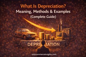 Depreciation explained illustration showing a car, machinery, and computer losing value over time with downward arrows and shrinking coin stacks