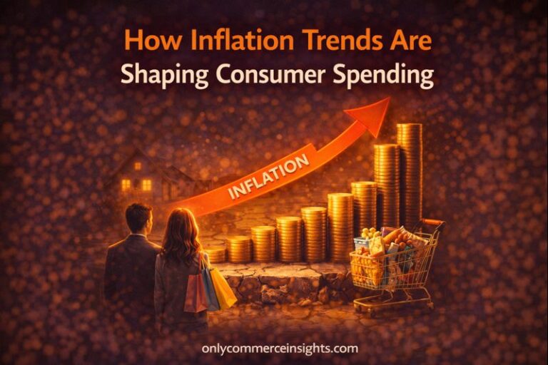 Inflation trends illustration showing rising prices, increasing coin stacks, shopping cart, and consumers adjusting spending behavior.