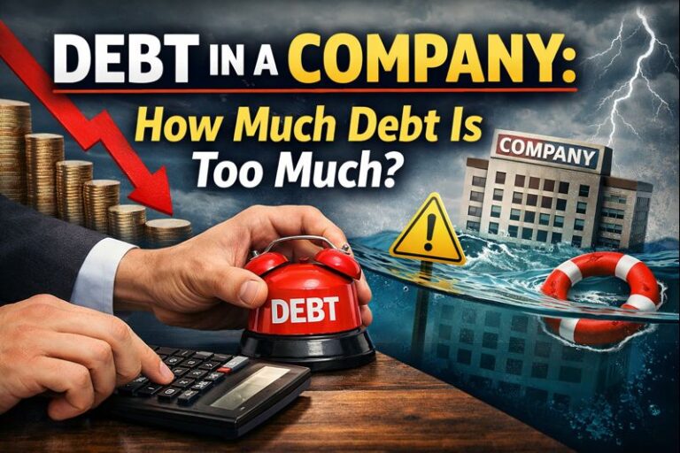 Primary Alt Text (Recommended): Debt in a company illustration showing rising debt, financial risk, and a warning gauge indicating how much debt is too much.