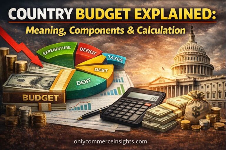 Country budget illustration showing government revenue, expenditure, deficit, taxes, and debt with charts, calculator, and public finance symbols.