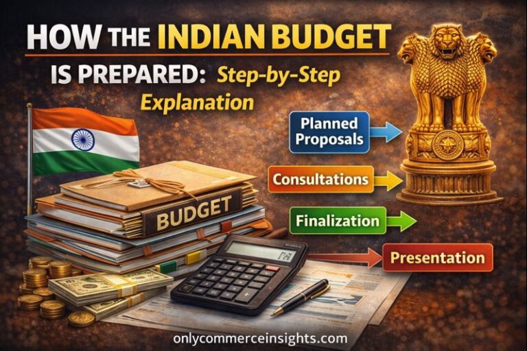 How the Indian budget is prepared illustration showing budget documents, consultation stages, calculation, and final presentation to Parliament.