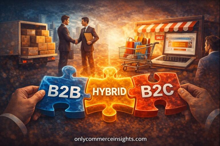 Hybrid commerce model illustration showing B2B and B2C combined through a central hybrid platform connecting businesses and consumers.