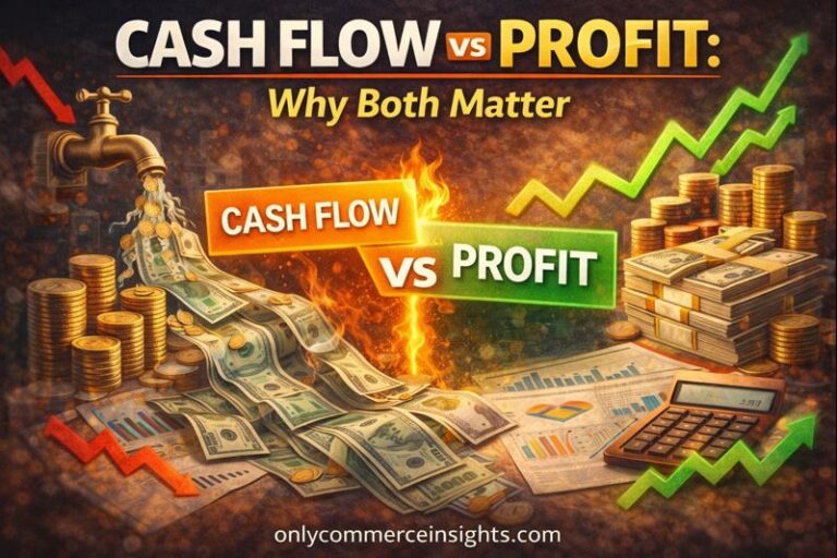 Cash flow vs profit illustration showing money flowing in versus accounting profit, highlighting the difference between liquidity and earnings.