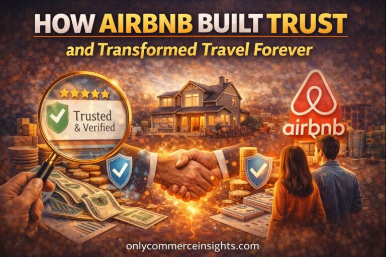 How Airbnb built trust illustration showing verified hosts, customer ratings, secure payments, and travelers choosing a home stay.