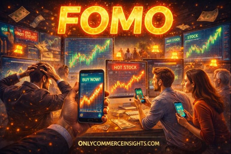 FOMO in investing illustration showing traders reacting emotionally to rising stock charts and buy signals, driven by fear of missing out.