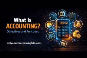 Diagram explaining accounting objectives and functions using financial symbols and calculator.