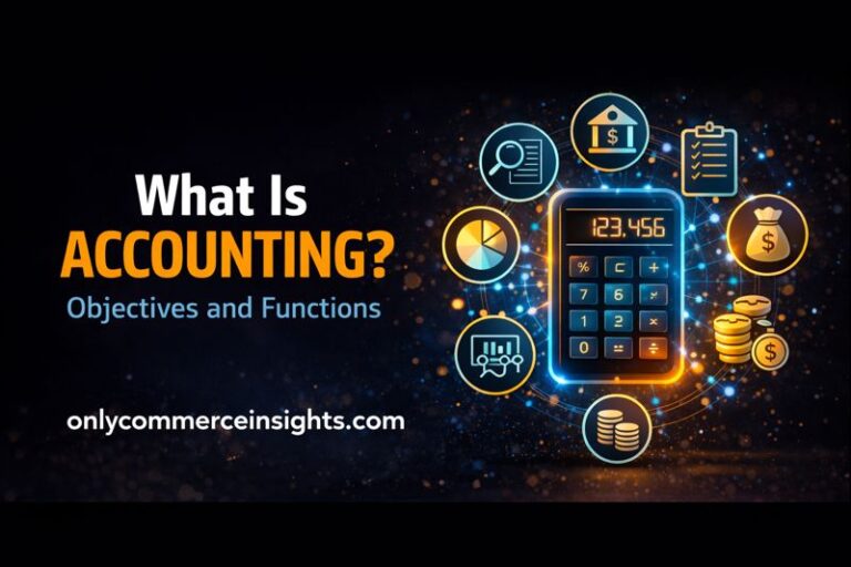 Diagram explaining accounting objectives and functions using financial symbols and calculator.
