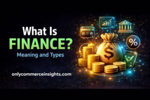 Diagram explaining the meaning and types of finance using money and financial symbols.