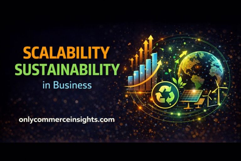Scalability and sustainability in business illustration showing growth charts, upward arrows, and eco-friendly elements like renewable energy and recycling, representing long-term business growth.