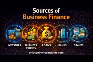 Sources of business finance illustration showing investors, business profits, loans, banks, and grants as key funding options for businesses.