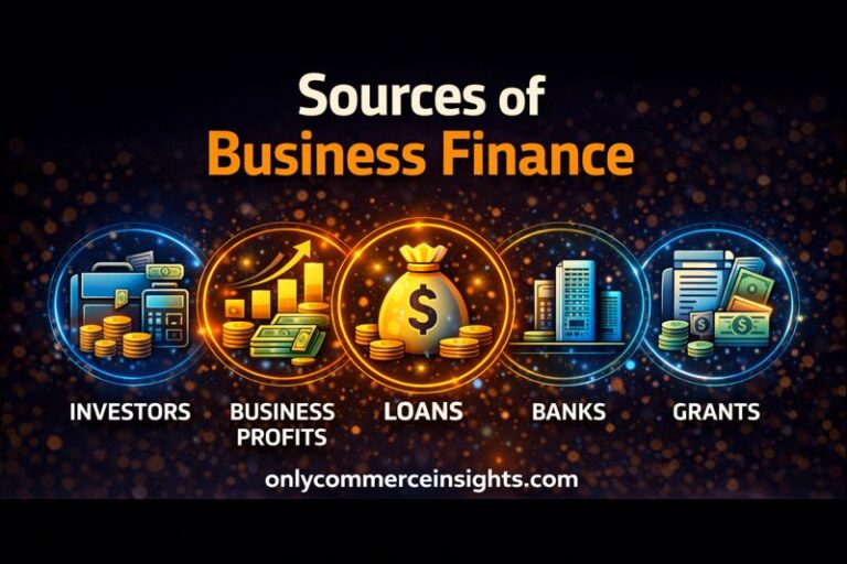 Sources of business finance illustration showing investors, business profits, loans, banks, and grants as key funding options for businesses.