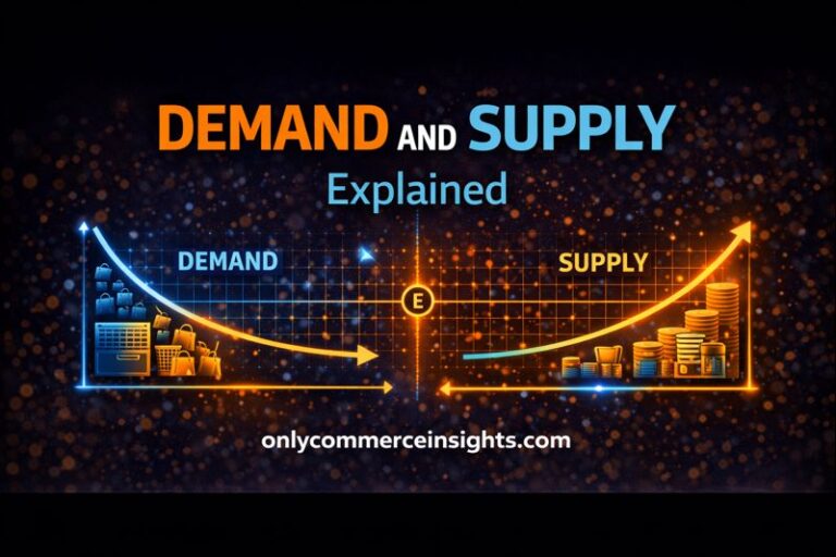 Demand and supply explained illustration showing downward-sloping demand curve, upward-sloping supply curve, and equilibrium point in a market graph