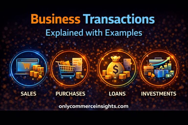 Business transactions explained illustration showing sales, purchases, loans, and investments as common types of business transactions