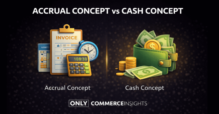 Minimalist black-background thumbnail comparing accrual concept vs cash concept in accounting with ONLYCOMMERCEINSIGHTS branding.