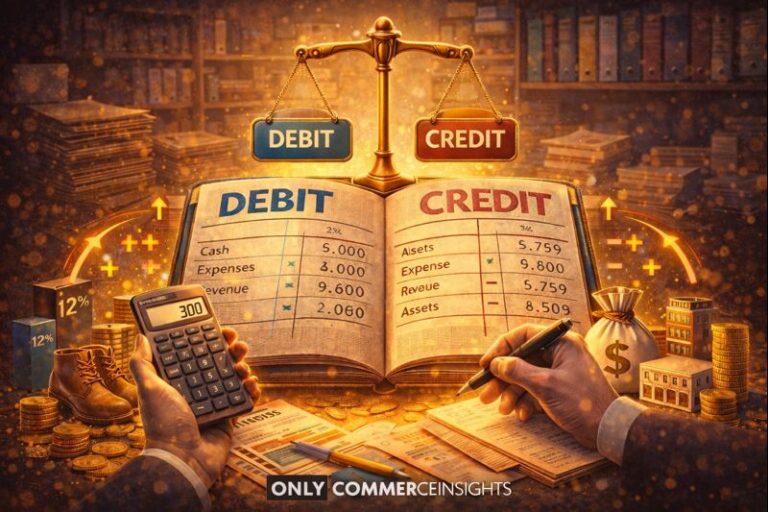 How debit and credit works in accounting illustration showing a ledger with debit and credit entries, balance scale, and financial records.