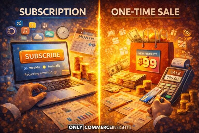 Subscription vs one-time sale illustration comparing recurring revenue and single-purchase business models.
