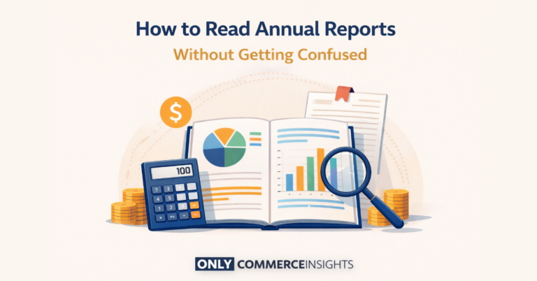 Minimalist thumbnail illustrating how to read annual reports easily, showing financial documents, charts, and key statement highlights with ONLYCOMMERCEINSIGHTS tag.