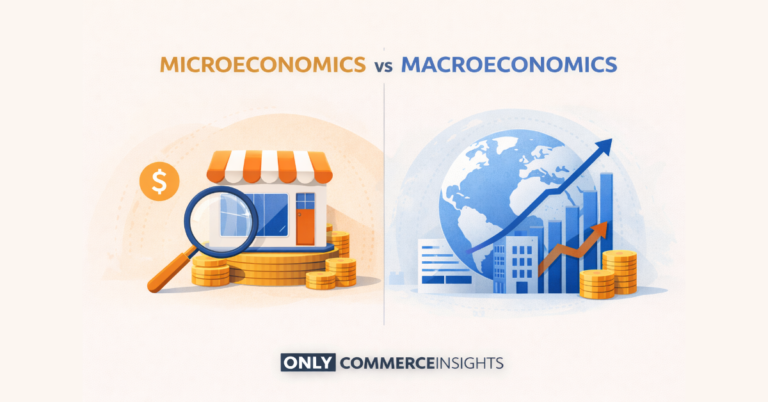 Minimalist illustration comparing microeconomics vs macroeconomics showing a small shop analysis on one side and global economic indicators on the other.