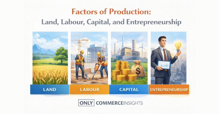 Icons showing land, labour, capital, and entrepreneurship