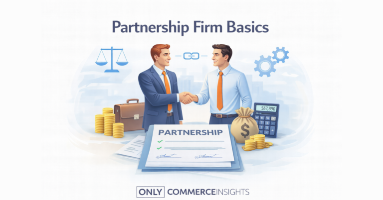 Partnership firm illustration with handshake and agreement