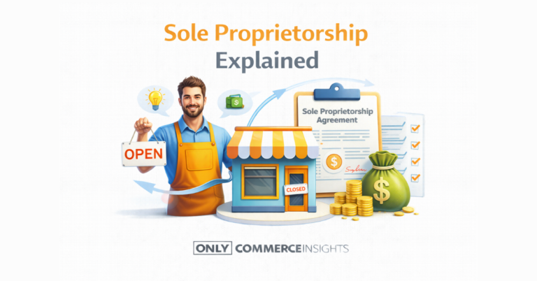 Illustration explaining sole proprietorship showing a single business owner running a small shop with business documents and financial icons.