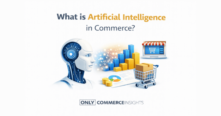 Illustration explaining artificial intelligence in commerce, showing AI automation, data analytics, and digital shopping systems.