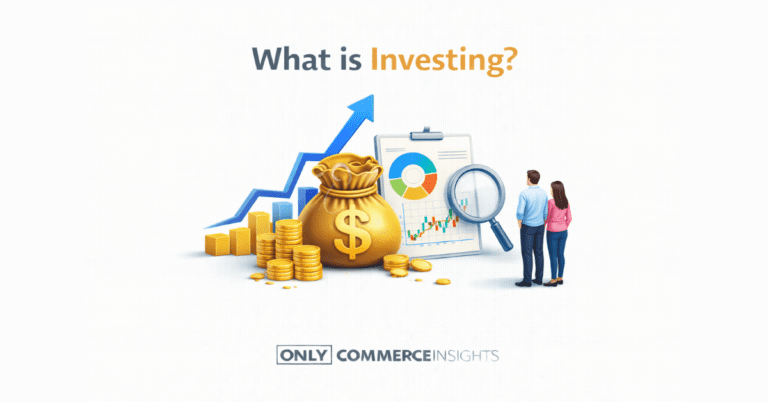 Illustration explaining what investing is, showing money growth through assets like stocks, charts, and financial analysis.