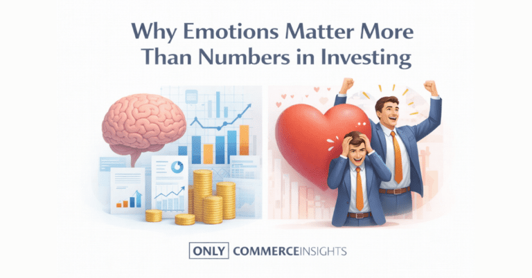 Educational thumbnail showing a brain with financial charts and coins on one side and emotional investors with a heart on the other, illustrating how emotions influence investment decisions more than numbers, on a clean white background.