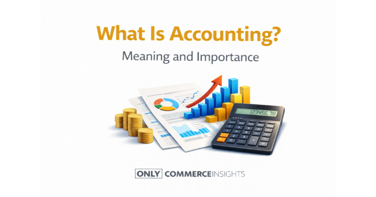 Illustration explaining what accounting is, showing financial reports, calculator, and charts representing the meaning and importance of accounting in business.