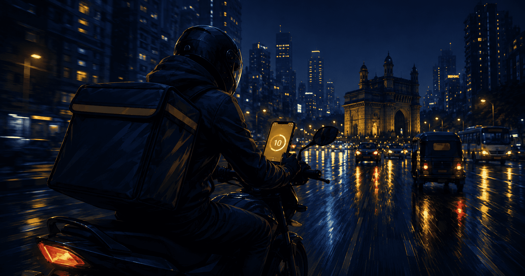 Zepto delivery rider speeding through Mumbai at night with 10 minute countdown timer