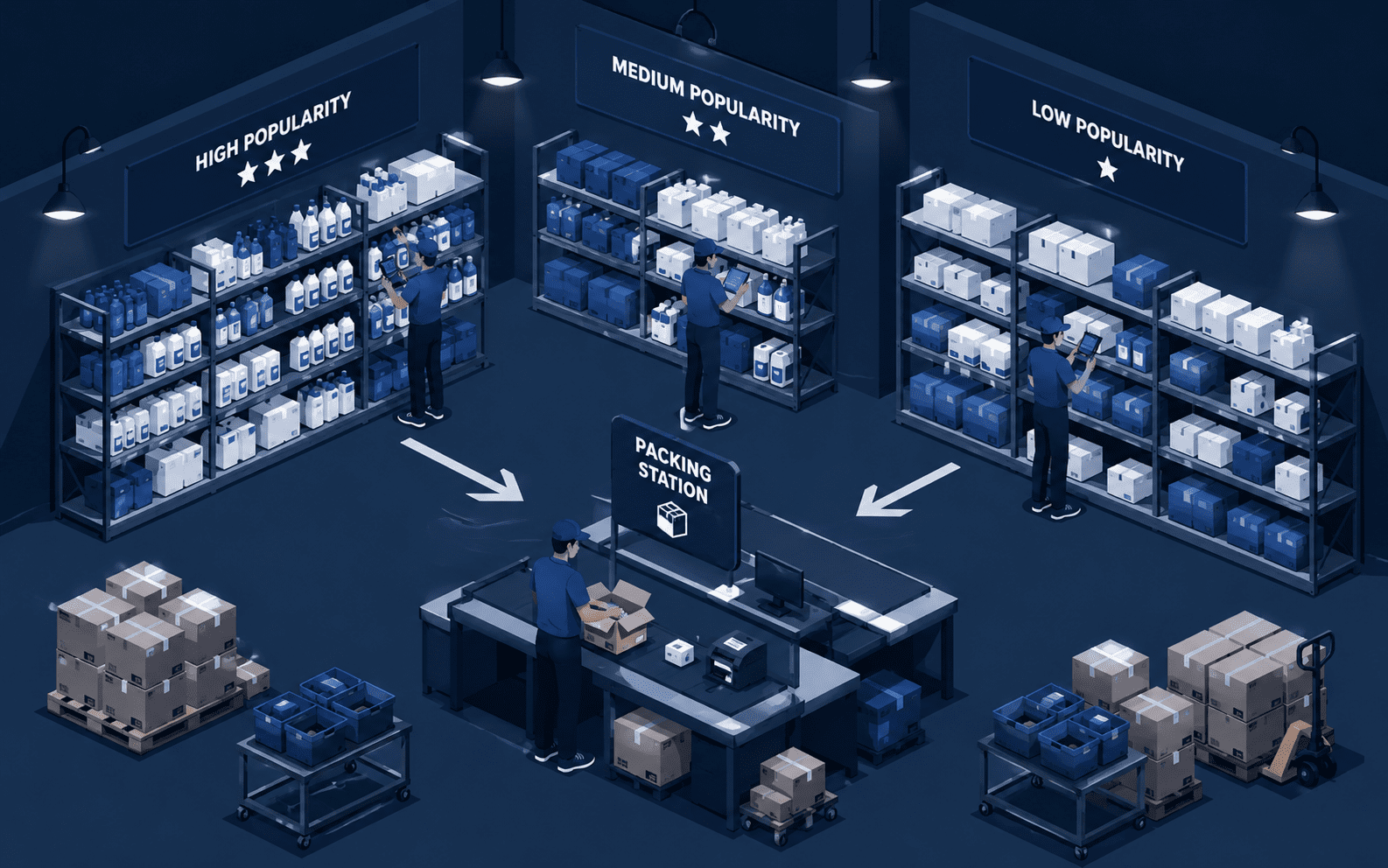 Inside a Zepto dark store showing products arranged by popularity with packing station at center
