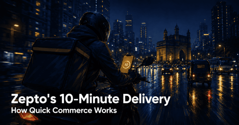 Zepto delivery rider in Mumbai at night showing 10 minute delivery countdown, how quick commerce works
