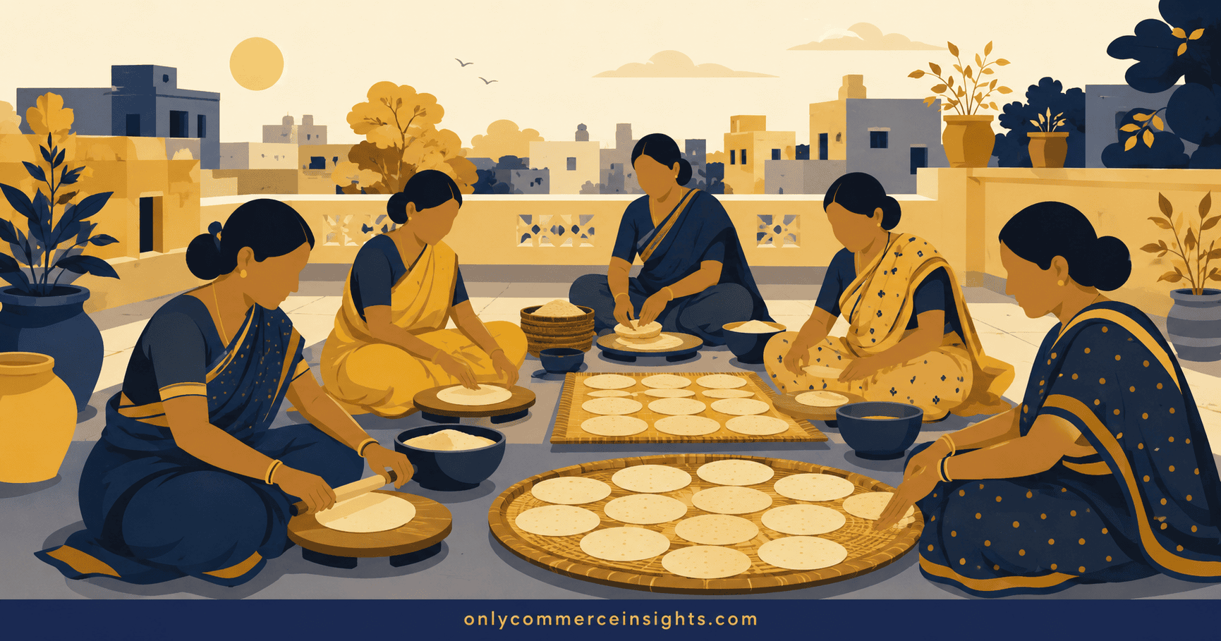 Women making Lijjat Papad on a rooftop in warm sunlight, cooperative business model
