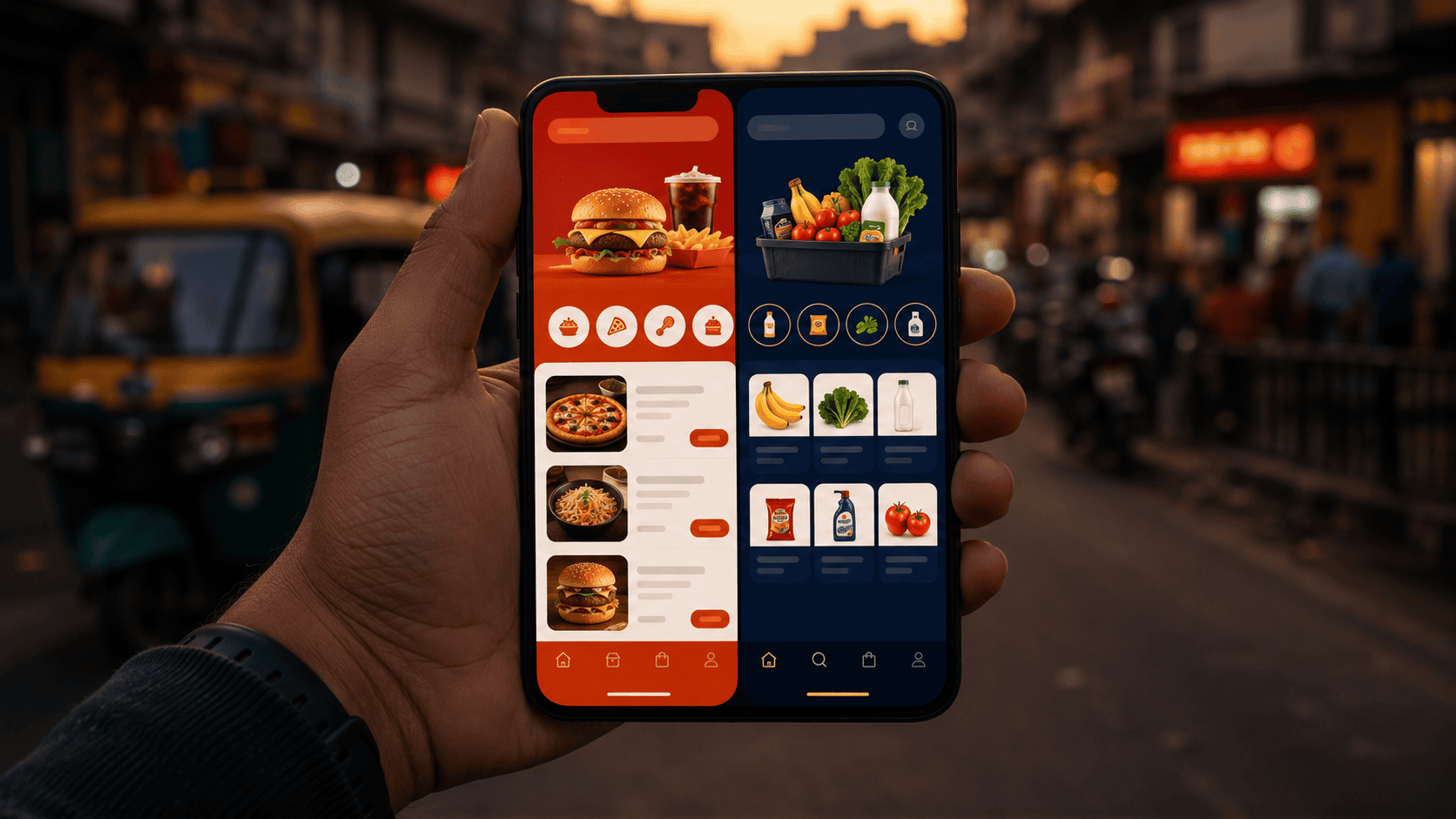 Split screen showing a food delivery app next to a grocery quick commerce app on the same phone